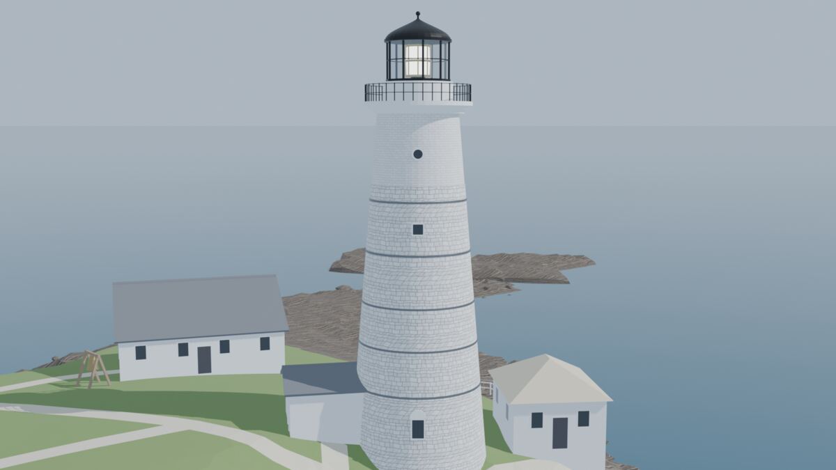 White stone lighthouse with the keeper's house on a rocky island