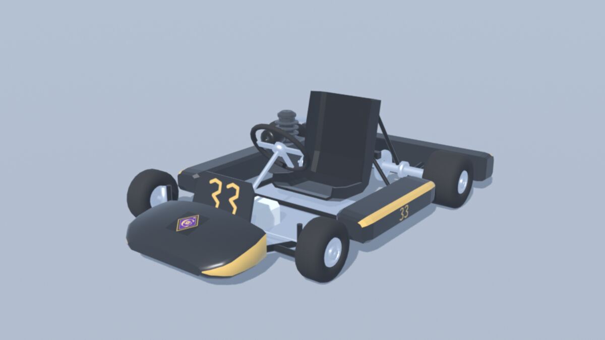Black and gold go-kart number 33 at a front three-quarter angle