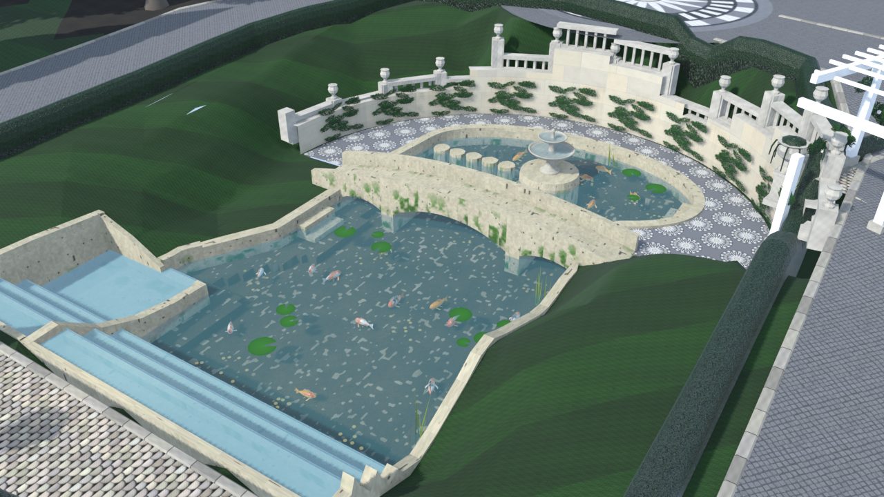 Koi pond with a stone bridge and waterfall