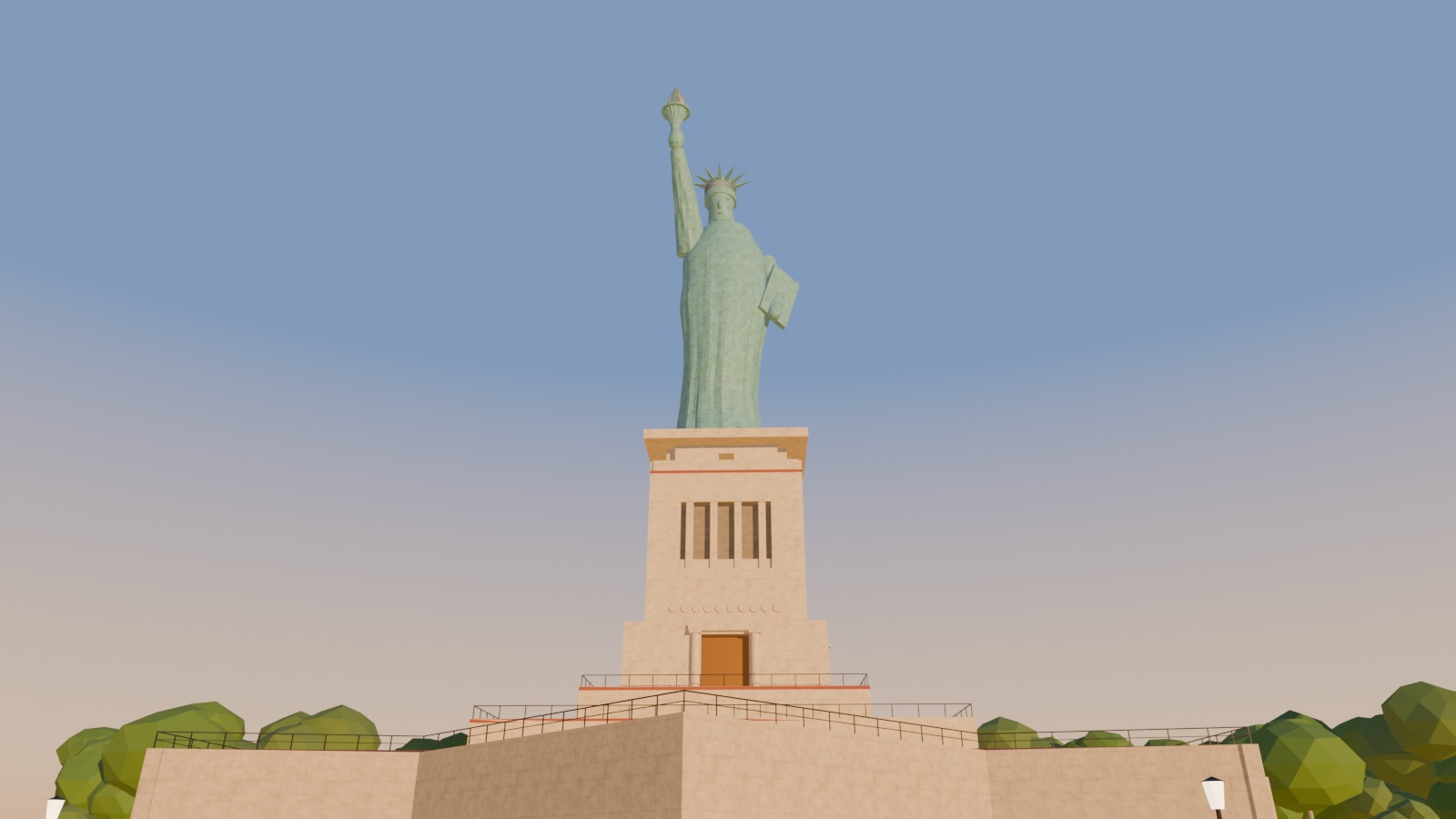 Looking up at the statue and pedestal from the fort below