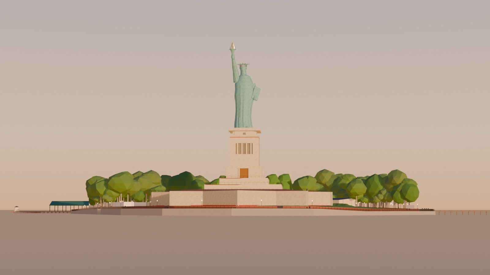 The statue and island seen from the water in the evening haze