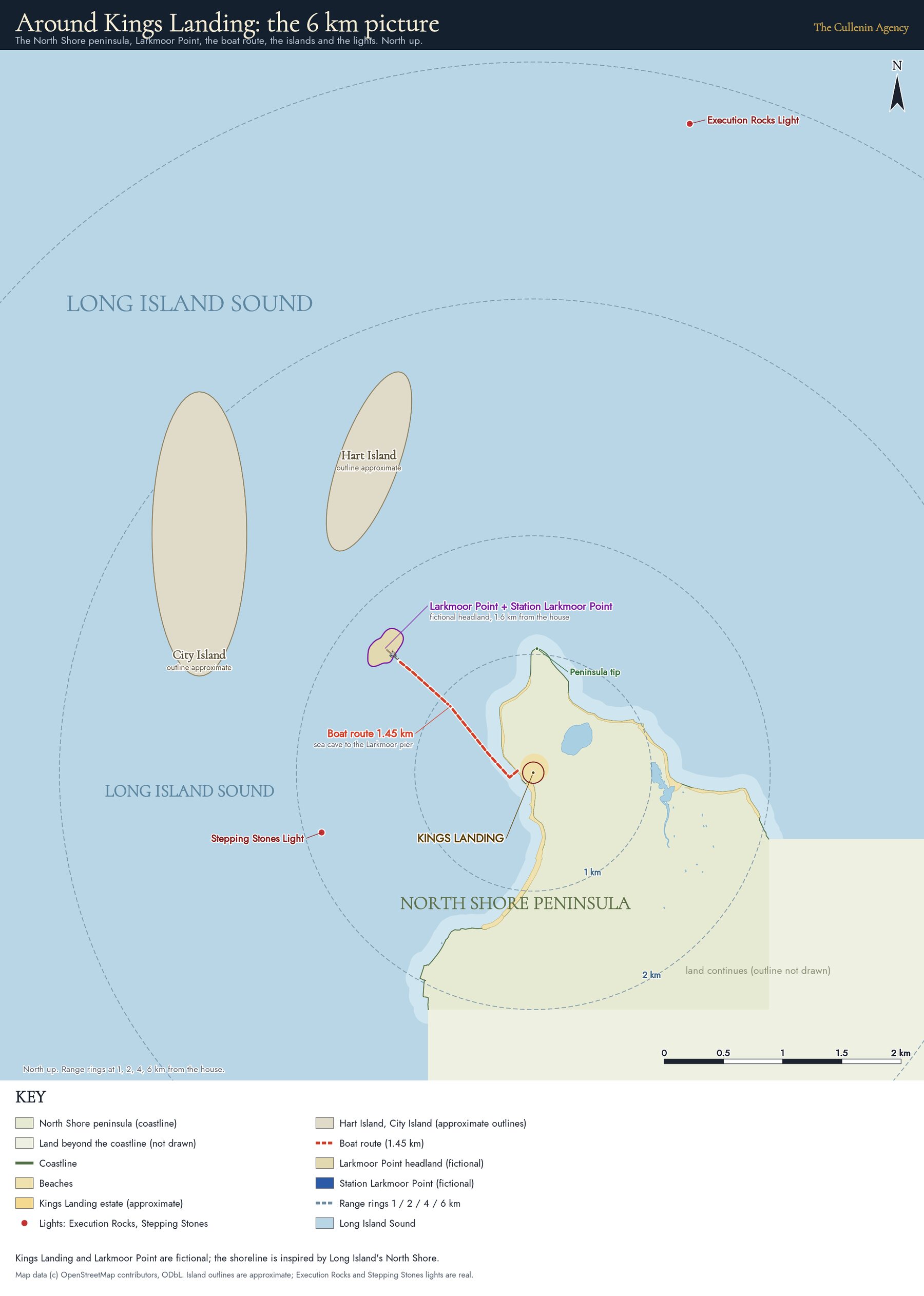 Wide map of the Sound around the estate with Hart Island, City Island, two lighthouses and range rings out to 6 km