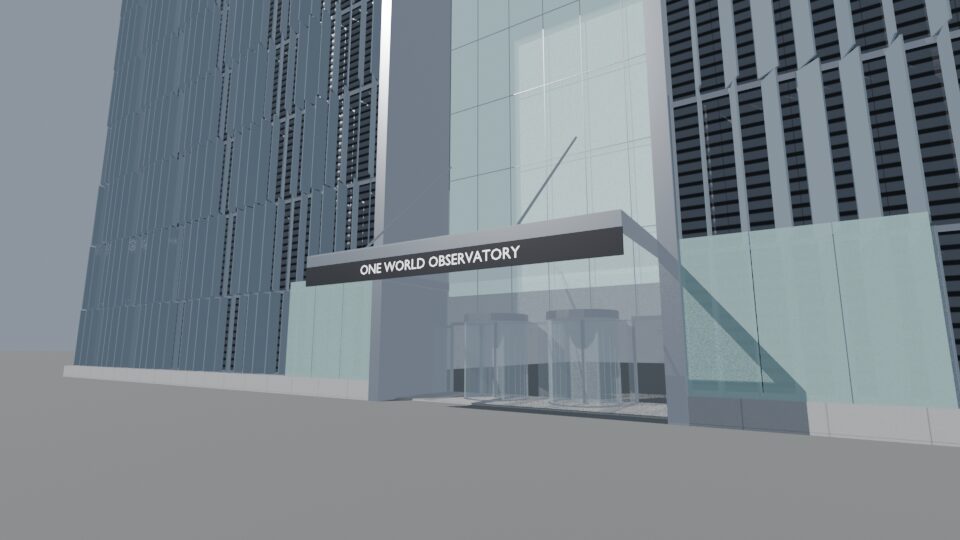 The west entrance of the One World Trade Center lobby