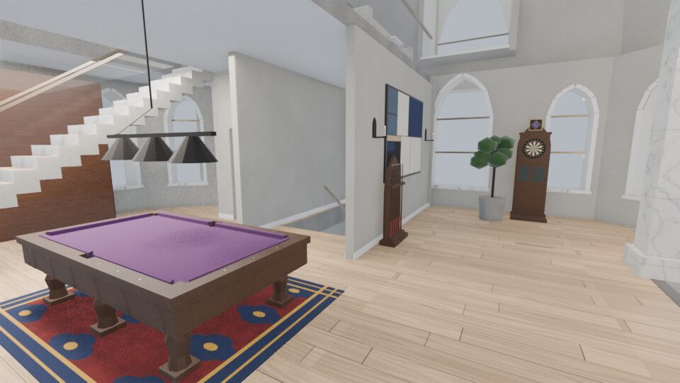 The great room in the Woolworth Pinnacle with a pool table and darts