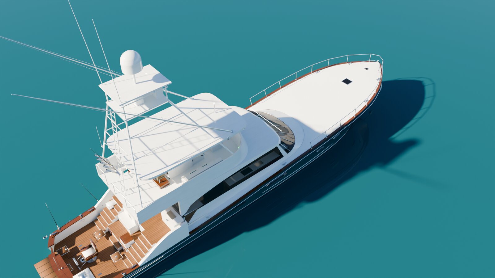 Aerial view of the yacht, cockpit and tuna tower