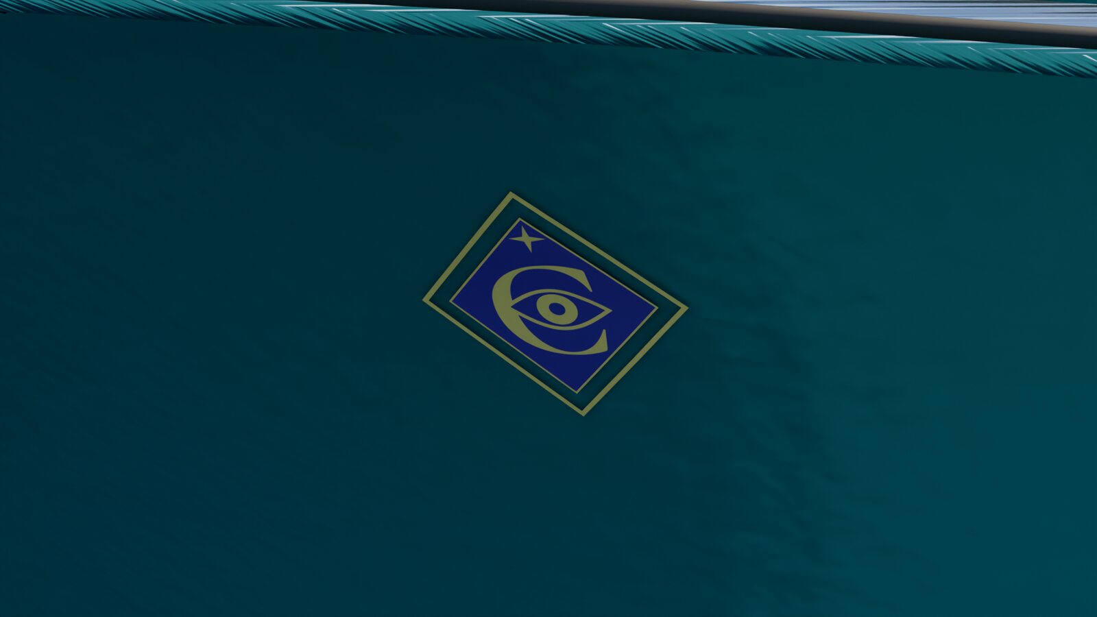 Close-up of the Eye Crest emblem on the teal bow
