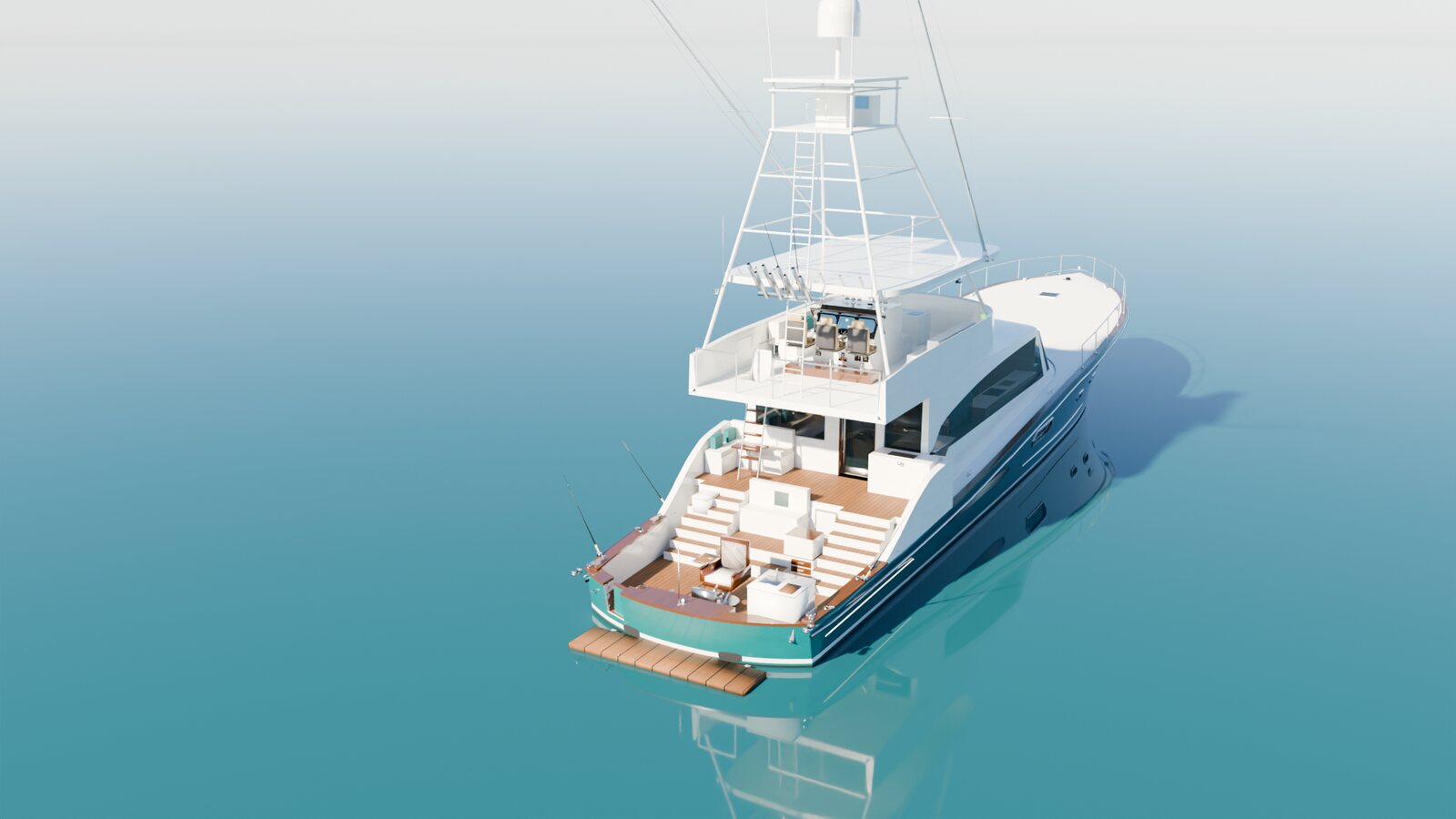 Stern quarter showing the teak cockpit, seating steps and flybridge