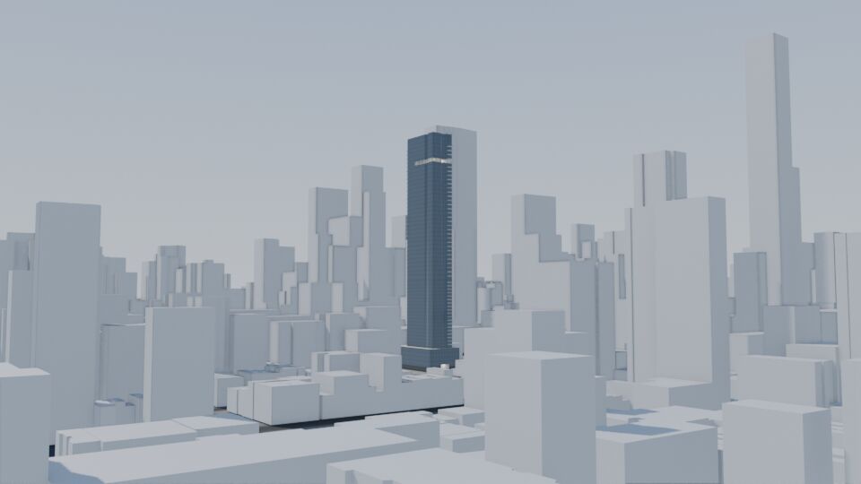 Glass tower model among Midtown blocks
