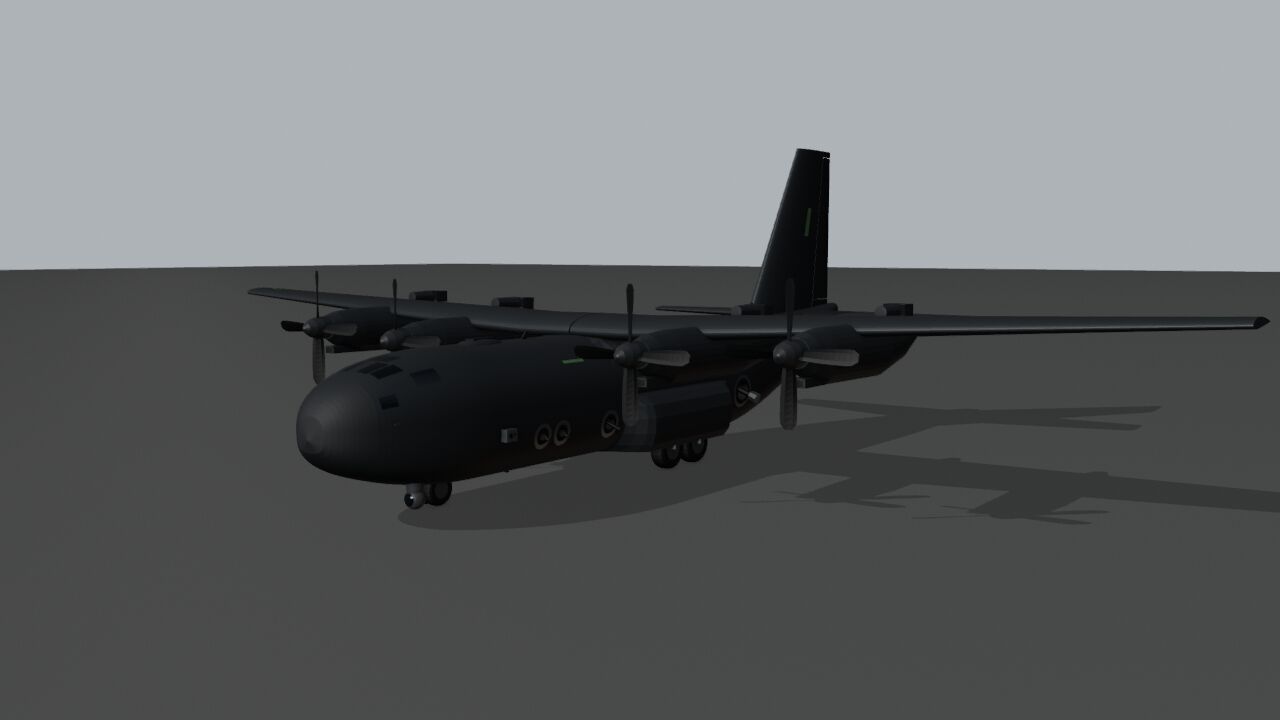 Dark grey four-engine turboprop gunship