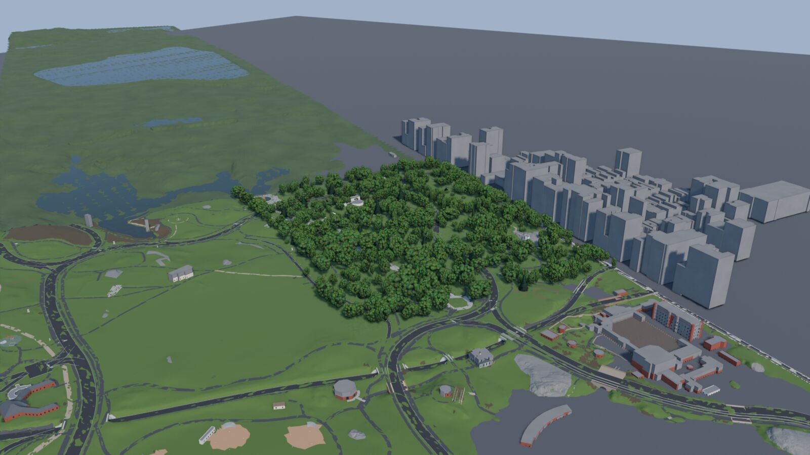 Aerial of the built Central Park sections looking north
