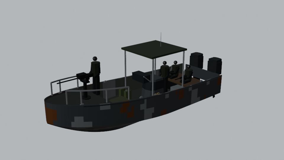 Dark camouflaged open skiff with crew