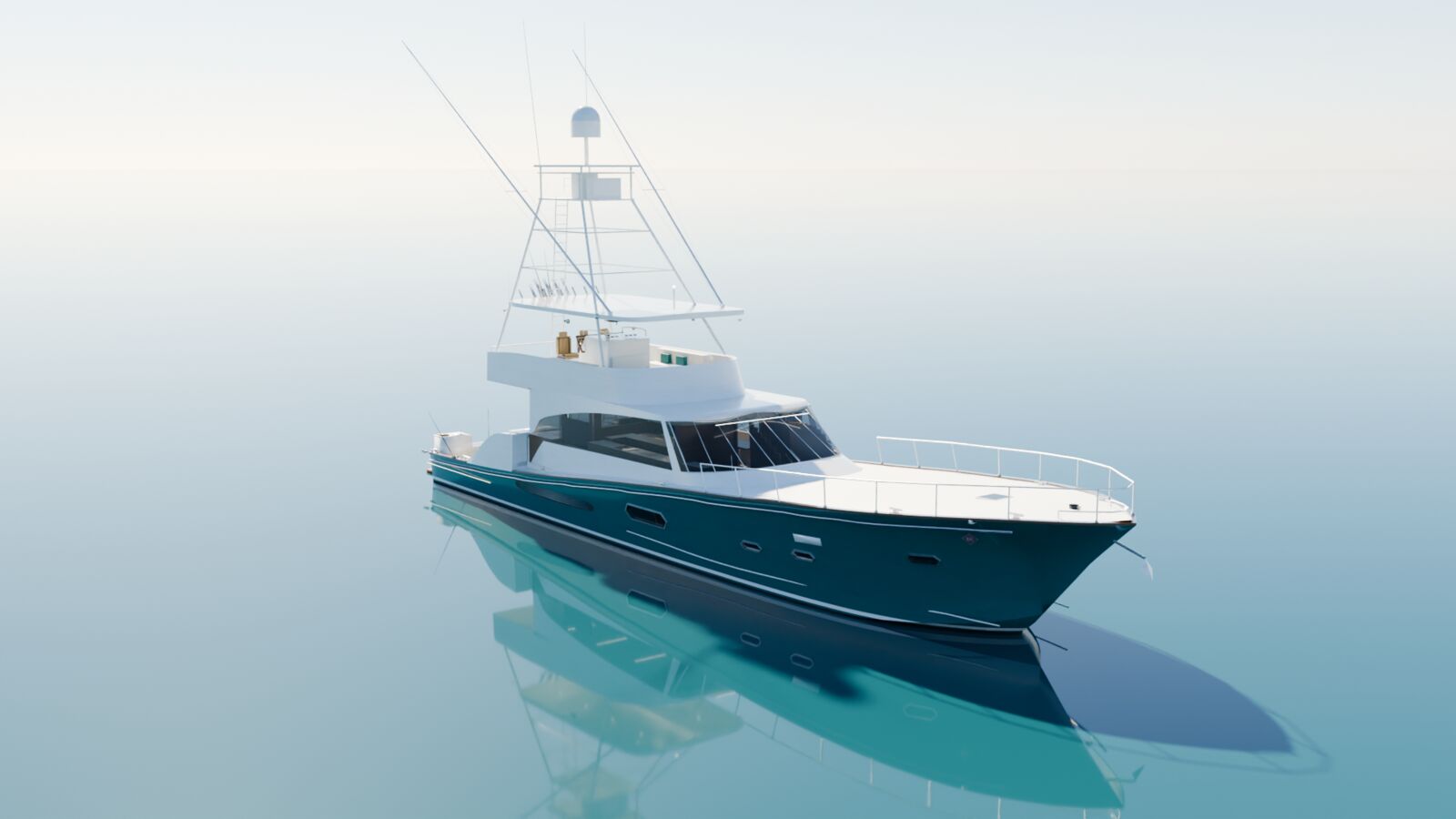 Teal and white sportfishing yacht on calm water